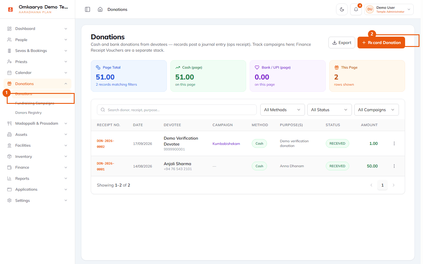 Donations ledger with sidebar Donations module and record action