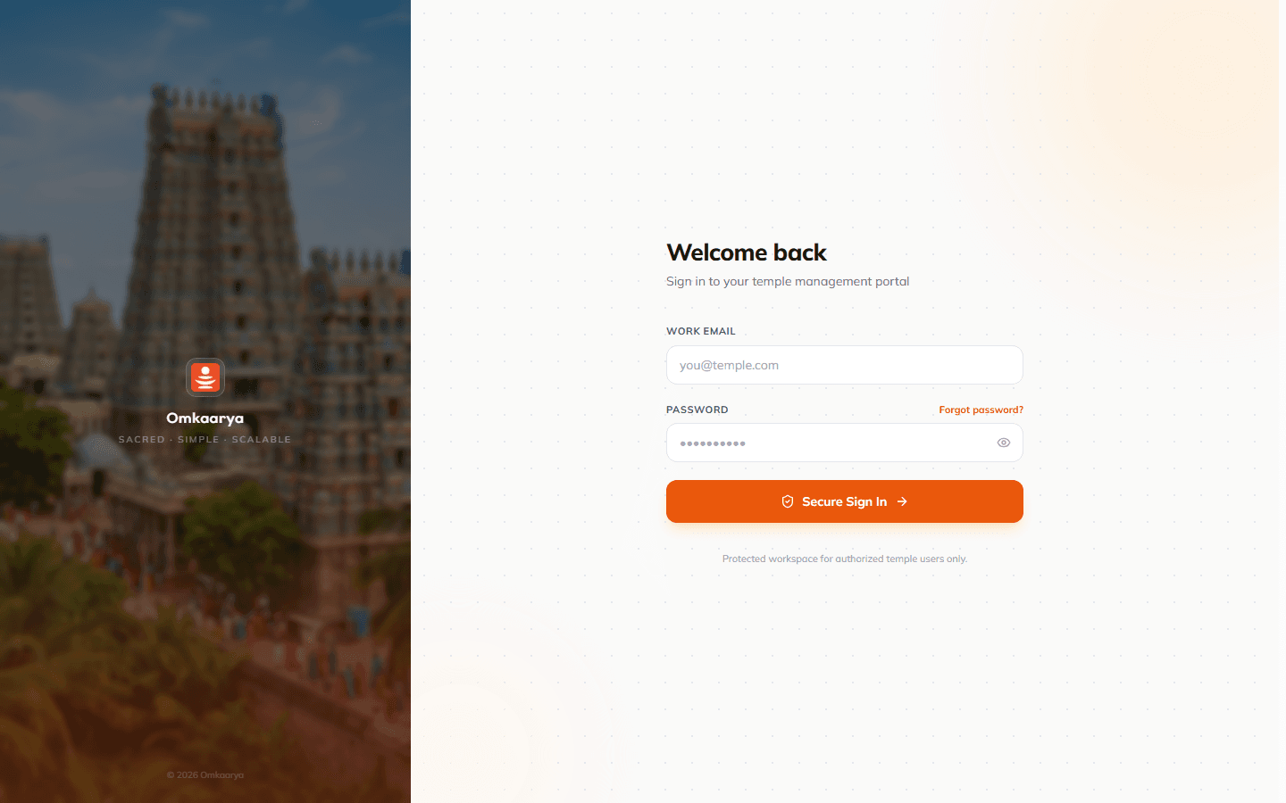 Temple portal login page with email, password, and Sign in