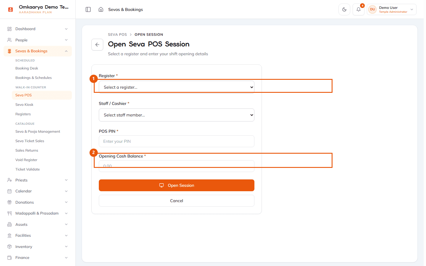 Open POS session form with register and opening balance