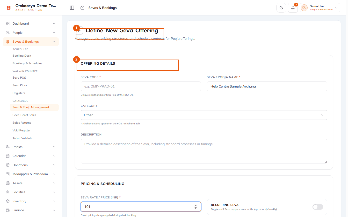 Create seva form with name, category, and pricing fields